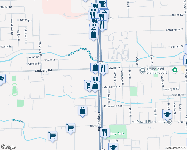 map of restaurants, bars, coffee shops, grocery stores, and more near 11100 Telegraph Road in Taylor