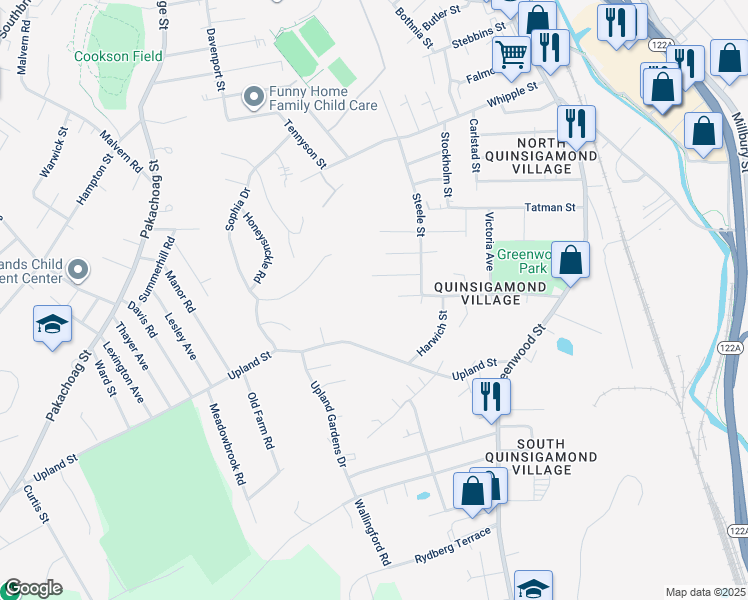 map of restaurants, bars, coffee shops, grocery stores, and more near 61 Forsberg Street in Worcester