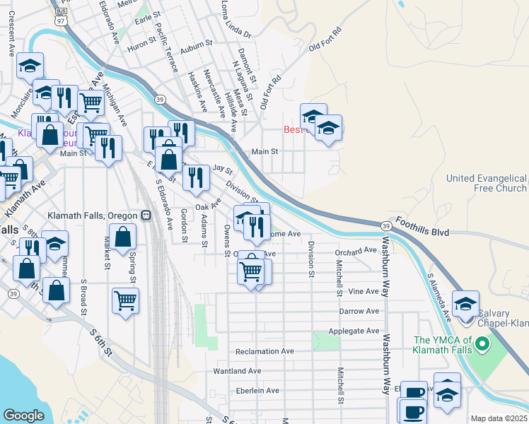 map of restaurants, bars, coffee shops, grocery stores, and more near 425 Martin Street in Klamath Falls