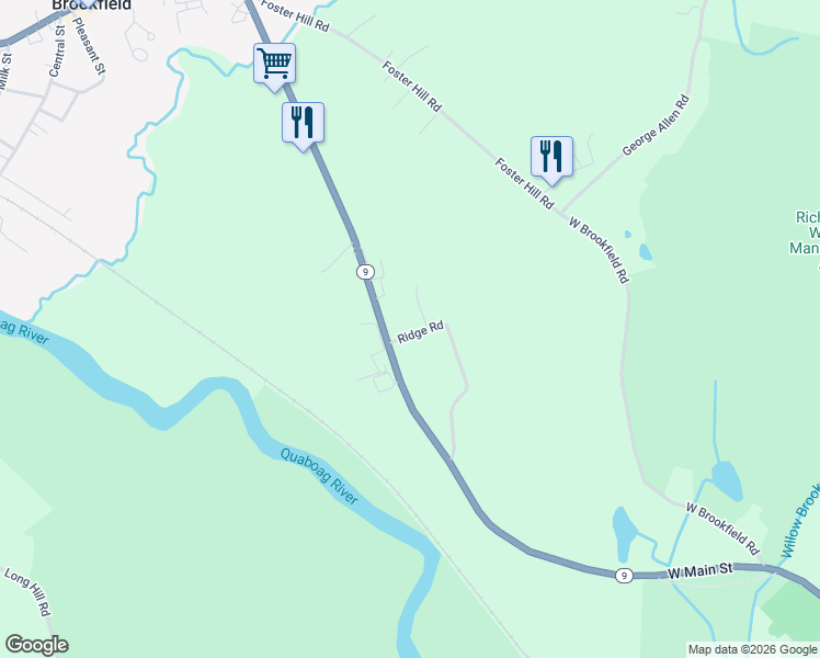 map of restaurants, bars, coffee shops, grocery stores, and more near 170 East Main Street in West Brookfield