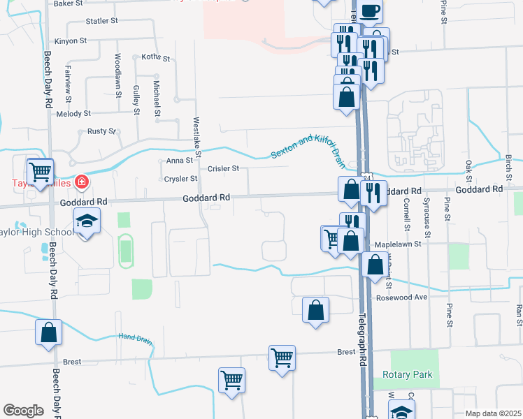 map of restaurants, bars, coffee shops, grocery stores, and more near 24837 Goddard Road in Taylor