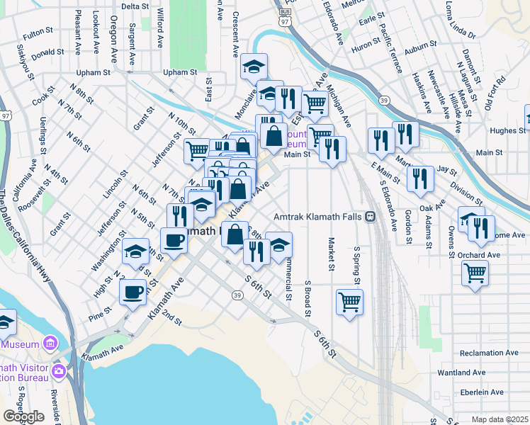 map of restaurants, bars, coffee shops, grocery stores, and more near 904 Walnut Avenue in Klamath Falls