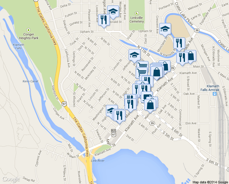 map of restaurants, bars, coffee shops, grocery stores, and more near 404 Washington Street in Klamath Falls