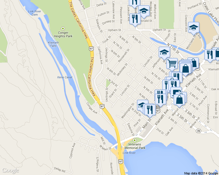 map of restaurants, bars, coffee shops, grocery stores, and more near 133 Grant Street in Klamath Falls