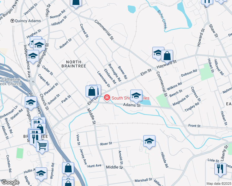 map of restaurants, bars, coffee shops, grocery stores, and more near 60 Adams Street in Braintree
