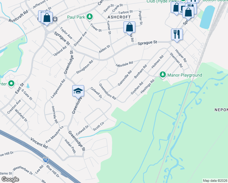 map of restaurants, bars, coffee shops, grocery stores, and more near 113 Goshen Road in Dedham