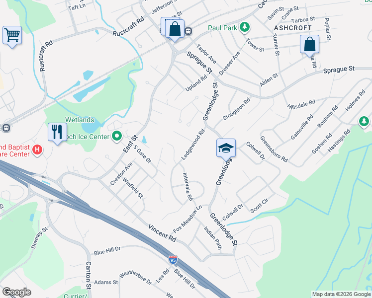map of restaurants, bars, coffee shops, grocery stores, and more near 74 Ledgewood Road in Dedham