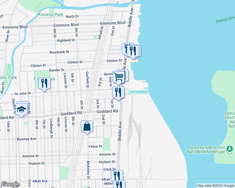 map of restaurants, bars, coffee shops, grocery stores, and more near 89 Perry Place in Wyandotte