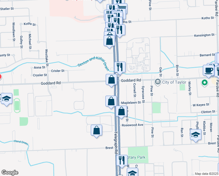map of restaurants, bars, coffee shops, grocery stores, and more near 11100 Telegraph Road in Taylor