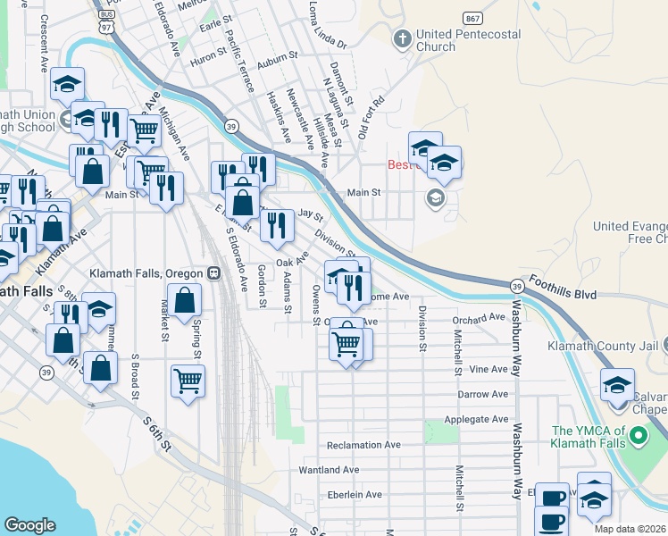 map of restaurants, bars, coffee shops, grocery stores, and more near 351 East Main Street in Klamath Falls