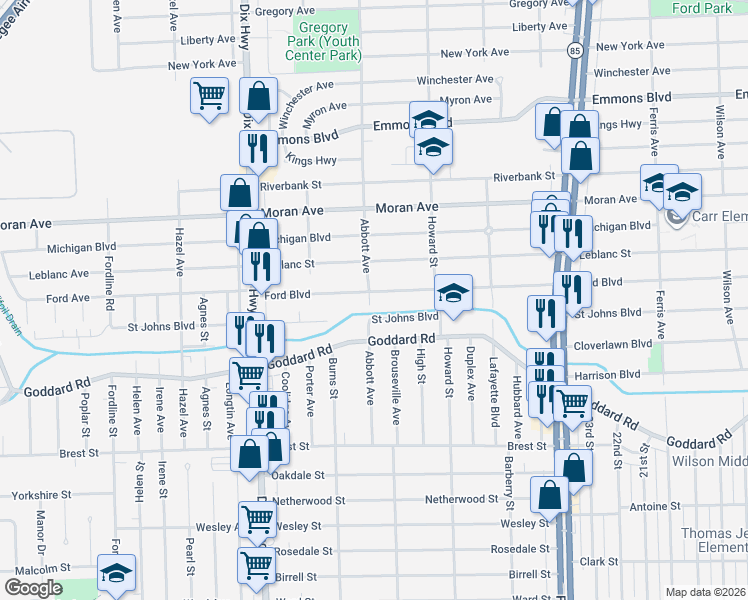 map of restaurants, bars, coffee shops, grocery stores, and more near 1667 Saint Johns Boulevard in Lincoln Park