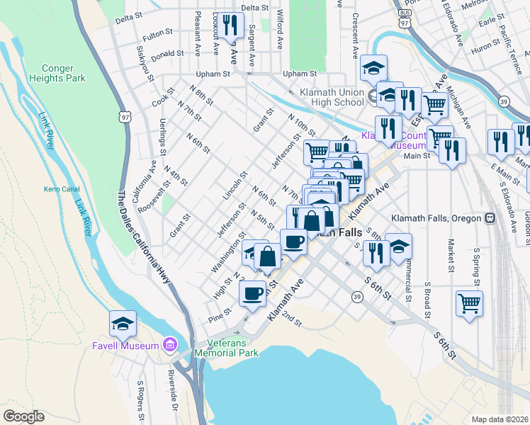 map of restaurants, bars, coffee shops, grocery stores, and more near 345 North 6th Street in Klamath Falls