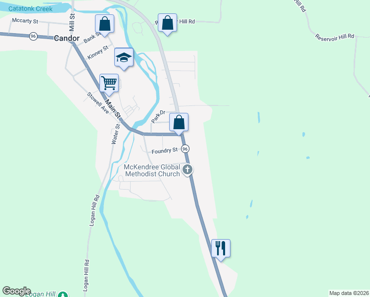 map of restaurants, bars, coffee shops, grocery stores, and more near Owego Street & Foundry Street in Candor