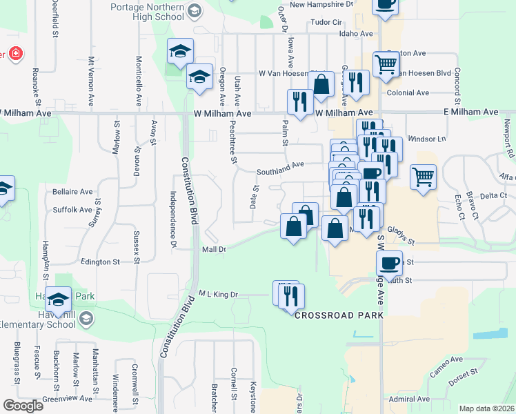 map of restaurants, bars, coffee shops, grocery stores, and more near 6232 Date Street in Portage