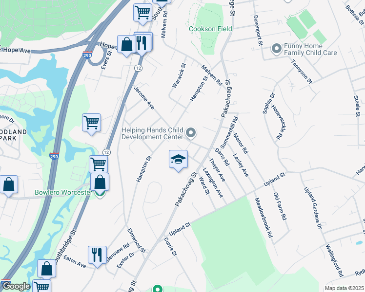 map of restaurants, bars, coffee shops, grocery stores, and more near 61 Jerome Avenue in Auburn