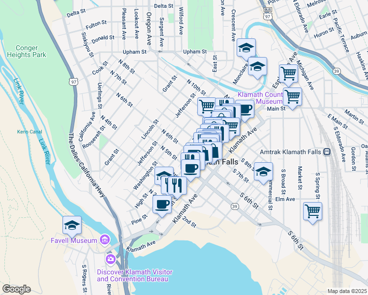 map of restaurants, bars, coffee shops, grocery stores, and more near 301 North 6th Street in Klamath Falls