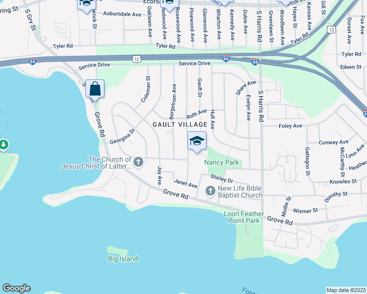 map of restaurants, bars, coffee shops, grocery stores, and more near 1376 Levona Street in Ypsilanti