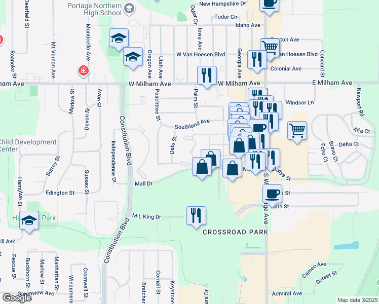 map of restaurants, bars, coffee shops, grocery stores, and more near 610 Mall Drive in Portage