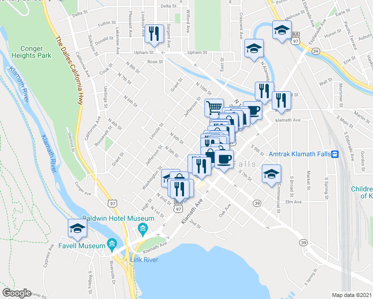 map of restaurants, bars, coffee shops, grocery stores, and more near 345 North 6th Street in Klamath Falls