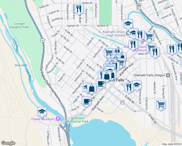 map of restaurants, bars, coffee shops, grocery stores, and more near 345 North 6th Street in Klamath Falls