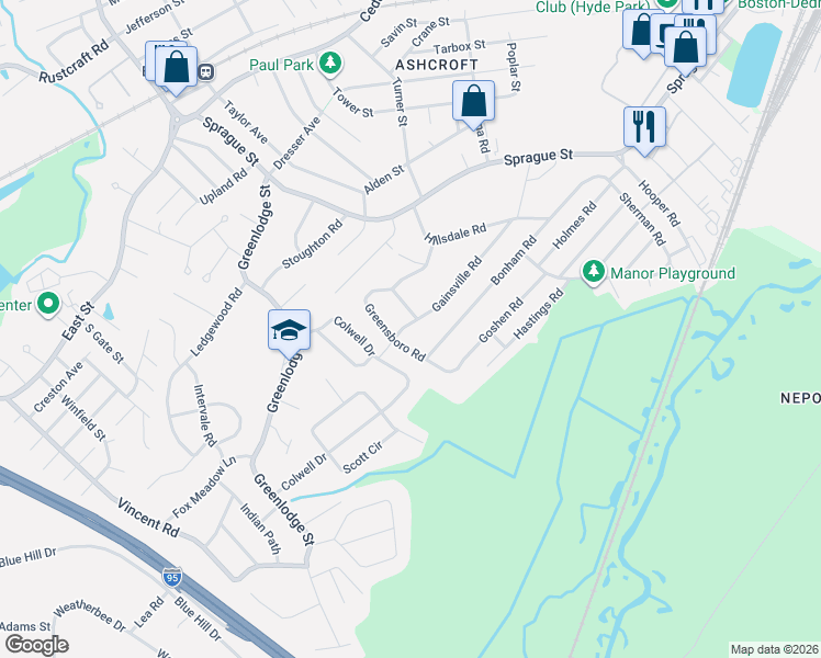 map of restaurants, bars, coffee shops, grocery stores, and more near 15 Glen Road in Dedham