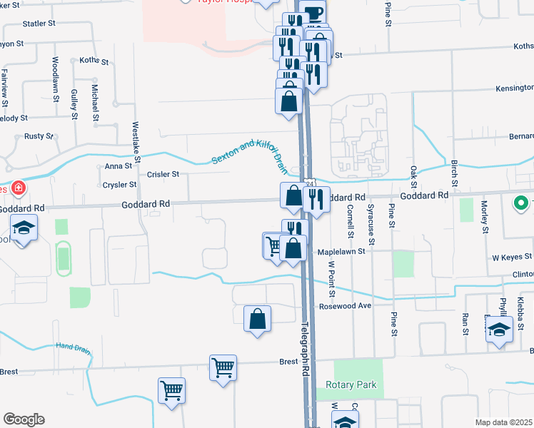 map of restaurants, bars, coffee shops, grocery stores, and more near 24158 Goddard Rd in Taylor