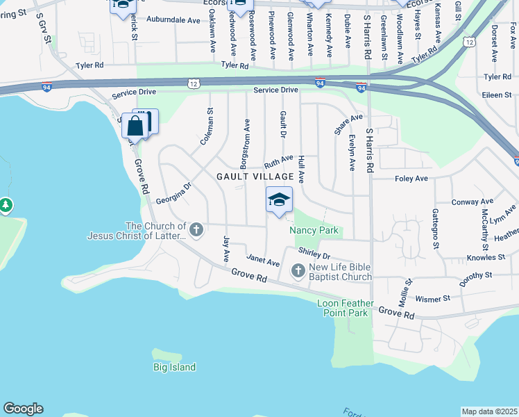 map of restaurants, bars, coffee shops, grocery stores, and more near 1376 Levona Street in Ypsilanti