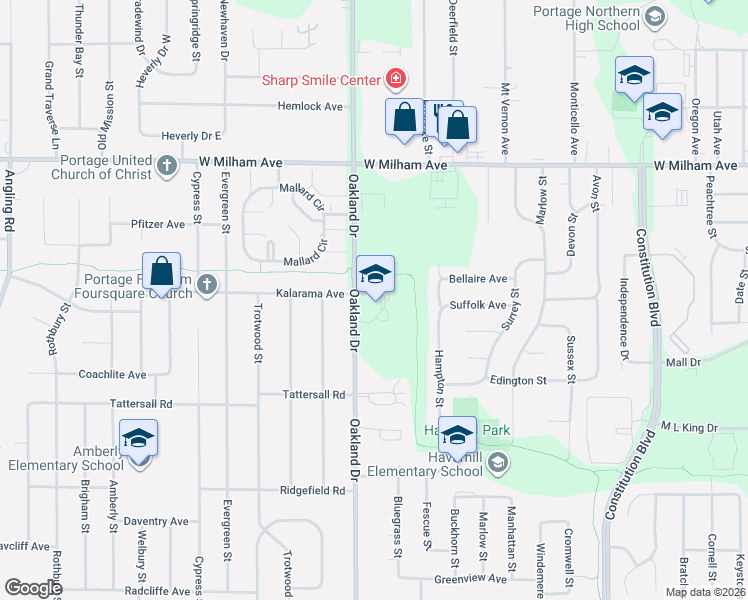 map of restaurants, bars, coffee shops, grocery stores, and more near 6237 Oakland Drive in Portage