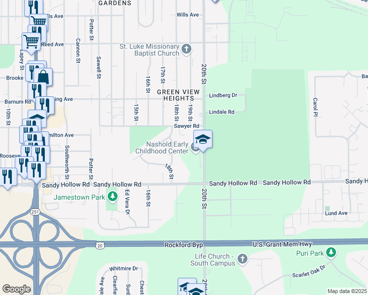map of restaurants, bars, coffee shops, grocery stores, and more near 3303 20th Street in Rockford