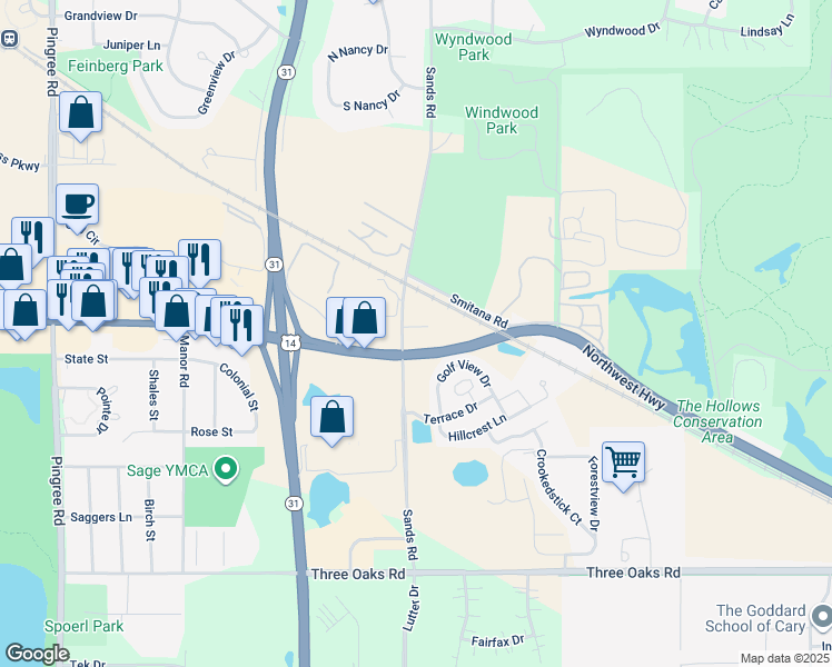 map of restaurants, bars, coffee shops, grocery stores, and more near 4220 Northwest Highway in Crystal Lake