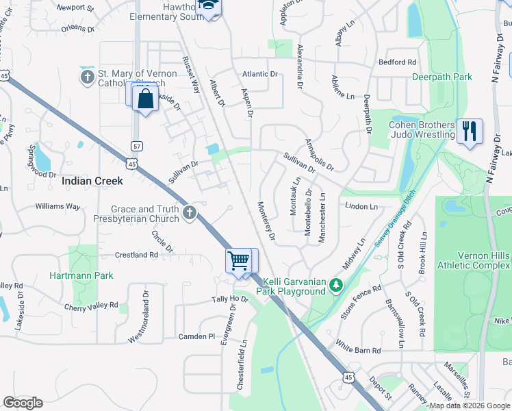 map of restaurants, bars, coffee shops, grocery stores, and more near 21 Monterey Drive in Vernon Hills