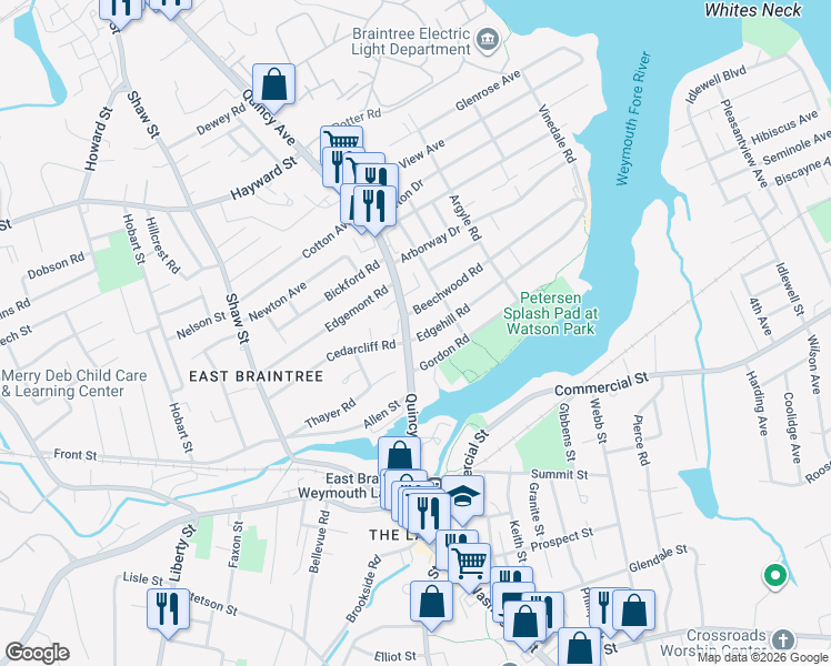 map of restaurants, bars, coffee shops, grocery stores, and more near 8 Beechwood Road in Braintree