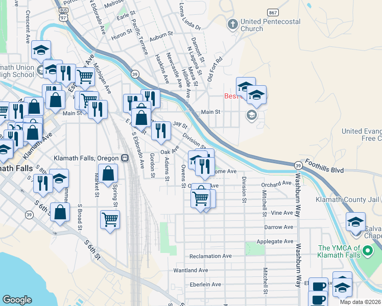 map of restaurants, bars, coffee shops, grocery stores, and more near 324 Martin Street in Klamath Falls