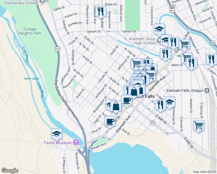 map of restaurants, bars, coffee shops, grocery stores, and more near 521 Jefferson Street in Klamath Falls