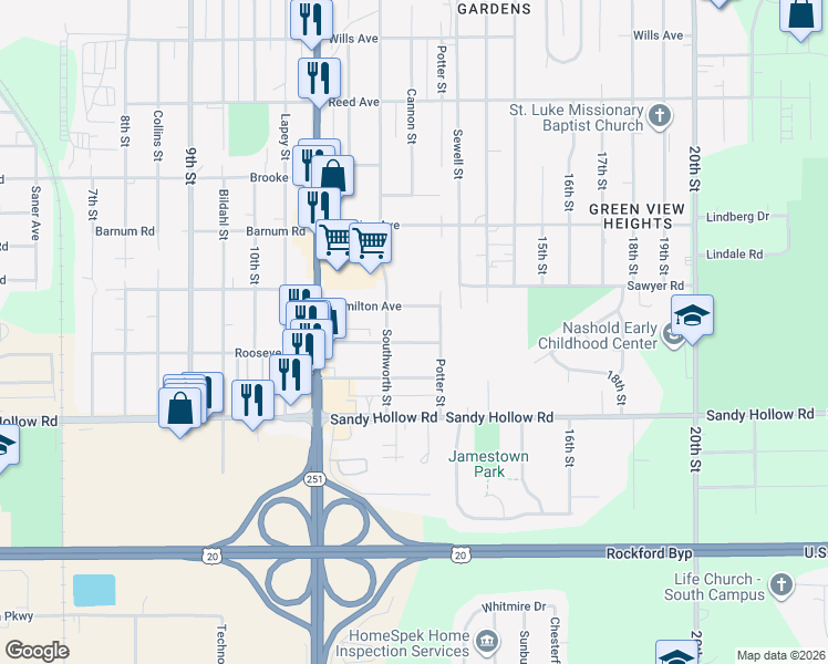 map of restaurants, bars, coffee shops, grocery stores, and more near 1717 Hamilton Avenue in Rockford
