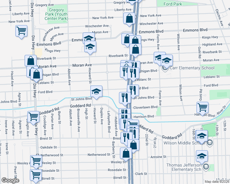 map of restaurants, bars, coffee shops, grocery stores, and more near 1366 Ford Boulevard in Lincoln Park