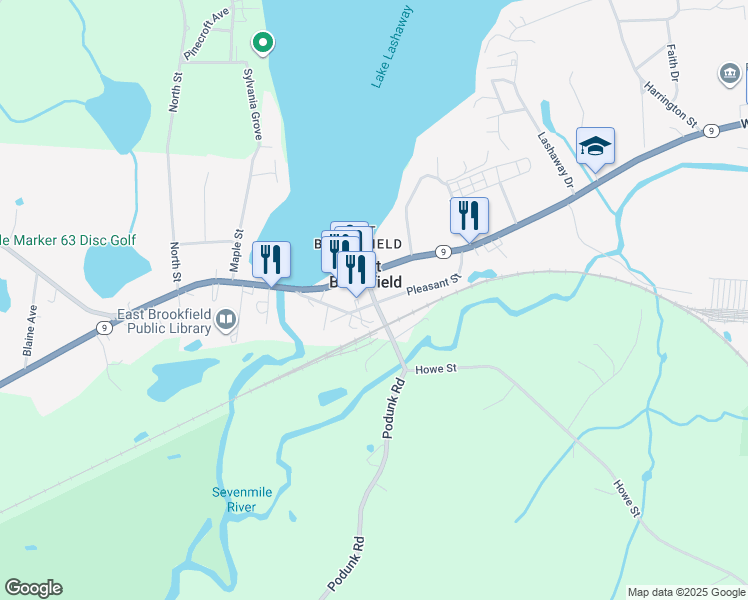 map of restaurants, bars, coffee shops, grocery stores, and more near in East Brookfield