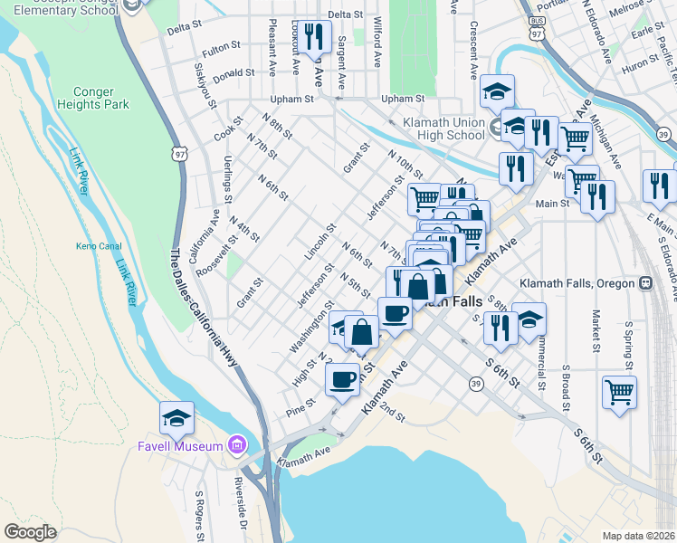 map of restaurants, bars, coffee shops, grocery stores, and more near 521 Jefferson Street in Klamath Falls