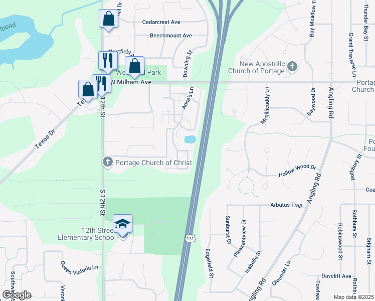map of restaurants, bars, coffee shops, grocery stores, and more near Leyland Pine Street in Portage