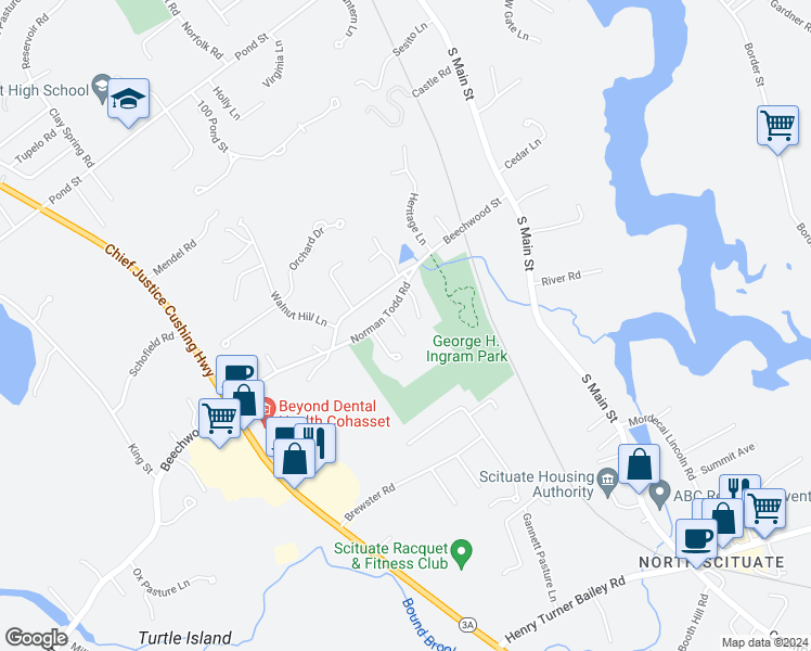 map of restaurants, bars, coffee shops, grocery stores, and more near 2 Todd Lane in Cohasset