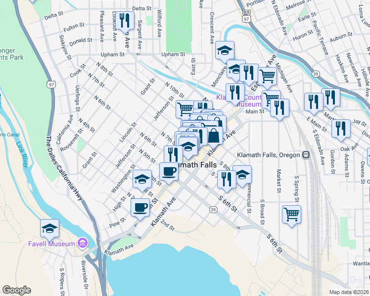 map of restaurants, bars, coffee shops, grocery stores, and more near 123 North 7th Street in Klamath Falls
