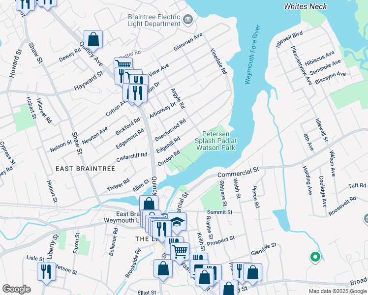 map of restaurants, bars, coffee shops, grocery stores, and more near Gordon Road in Braintree
