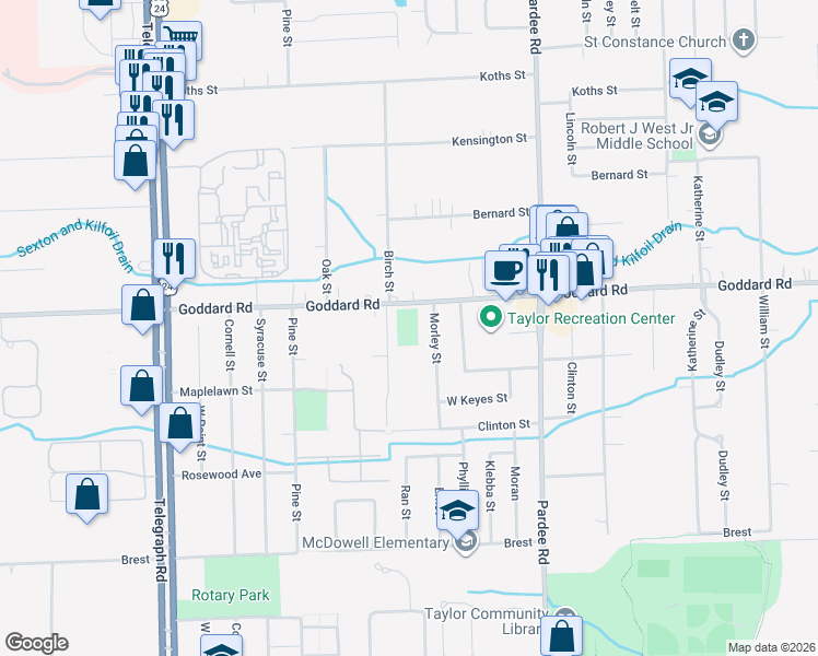 map of restaurants, bars, coffee shops, grocery stores, and more near 11312 Elm Street in Taylor