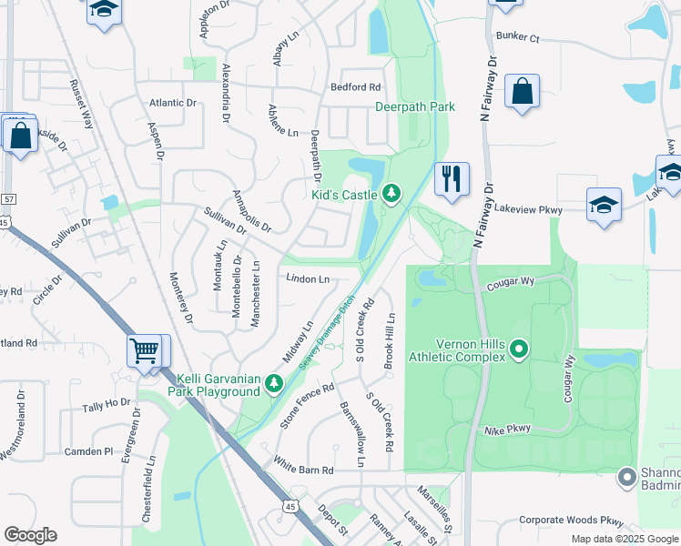 map of restaurants, bars, coffee shops, grocery stores, and more near 17 Malvern Lane in Vernon Hills