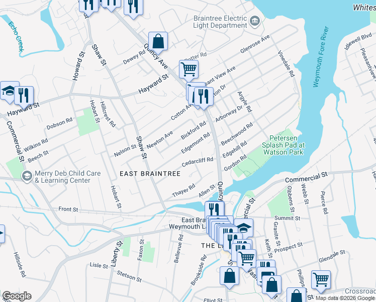 map of restaurants, bars, coffee shops, grocery stores, and more near 60 Bickford Road in Braintree