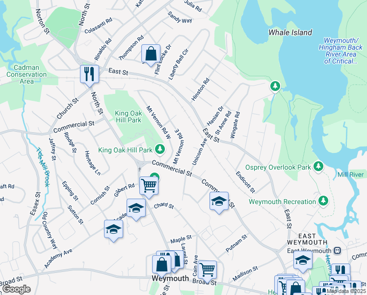 map of restaurants, bars, coffee shops, grocery stores, and more near 57 Mount Vernon Road East in Weymouth