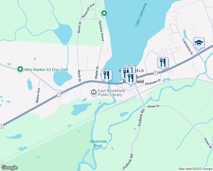 map of restaurants, bars, coffee shops, grocery stores, and more near 268 East Main Street in East Brookfield