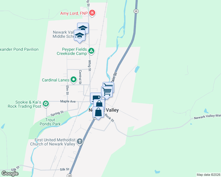 map of restaurants, bars, coffee shops, grocery stores, and more near 36 North Main Street in Newark Valley