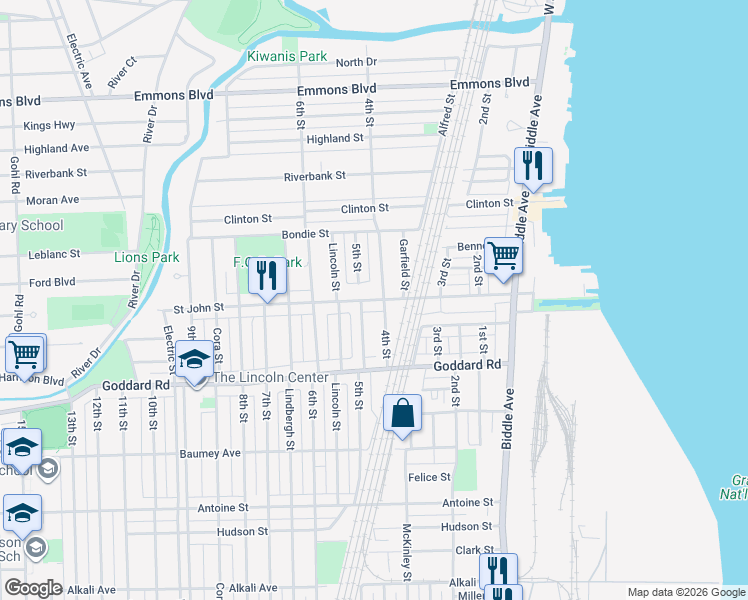 map of restaurants, bars, coffee shops, grocery stores, and more near 398 Saint John Street in Wyandotte