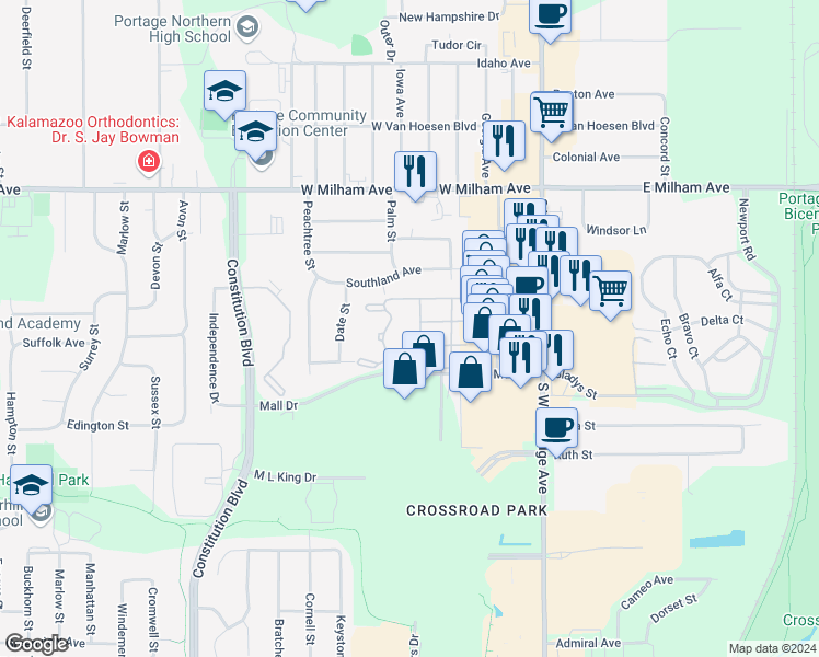 map of restaurants, bars, coffee shops, grocery stores, and more near 520 Mall Drive in Portage
